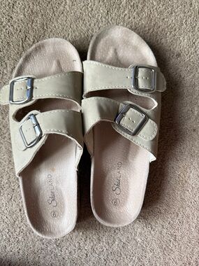 Universal Taupe Double-Buckle Slide Sandals
